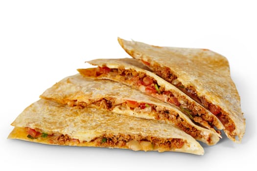 Mouthwatering close-up of a golden-brown quesadilla, oozing with melted cheese, seasoned meat, and vibrant veggies. Perfect for Mexican cuisine promotions.