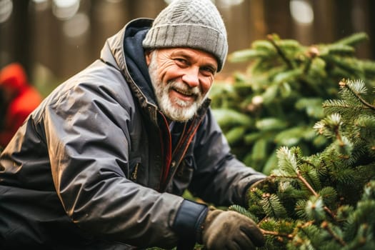 An adult man chooses the perfect Christmas tree with special attention in the bright and atmospheric Christmas tree market.