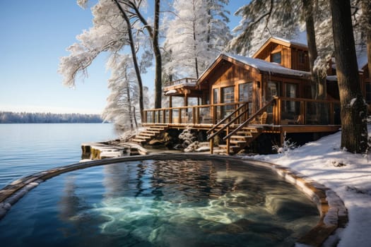 A house with a beautiful terrace surrounded by winter nature by the river creates a unique atmosphere of calm and privacy.
