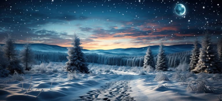 A magical winter picture: a snow-covered forest strewn with stars creates an atmosphere of fairy-tale magic and incredible beauty.