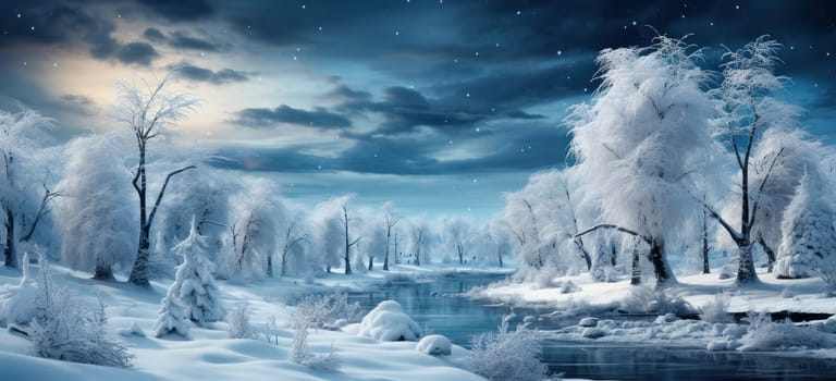 Under a shimmering blanket of snow, the forest is reflected in the mirror-like surface of the river, creating a breathtaking view of a snow-covered fairy tale.