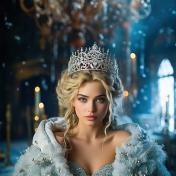 A beautiful and majestic snow queen wearing a sparkling crown, representing style and power in the snowy land of eternal winter.