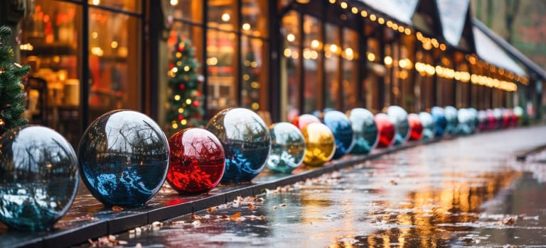 A festive New Year's street decor with sparkling glass baubles adorning the area. The decorations create a spirited and celebratory atmosphere, perfect for the holiday season.