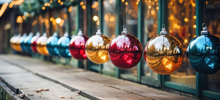 A stunning image of a city street adorned with beautiful decorations for the New Year's celebration. Colorful glass baubles hang from the trees, creating a festive and joyful atmosphere.