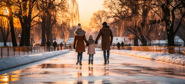 A family pleasure is ice skating for dad with daughter and mom. Fun moments and socializing in the fresh air.