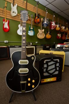 Vintage Electric Guitars and Amplifiers on Display in Music Store in Fort Wayne, Indiana
