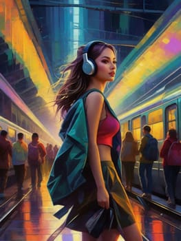 teen girl cmmute in train metro station wearing casual, music listen with earphone ,in a fantasy neon glow atmosphere, art generated