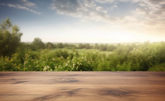 wooden tabletop over against the backdrop green trees and blue sky.