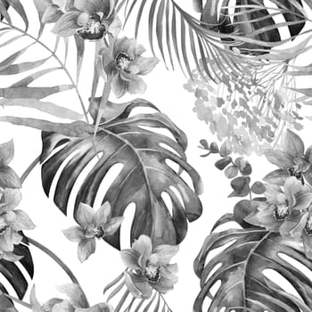 Seamless pattern with watercolor flowers in black and white shades