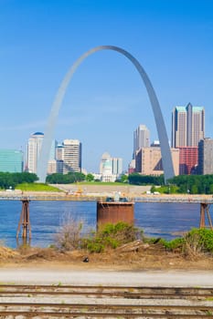 St. Louis Skyline and Gateway Arch: A sunny day captures the vibrant cityscape with the iconic Gateway Arch as the centerpiece, reflecting the city's modern development and rich history alongside the Mississippi River.