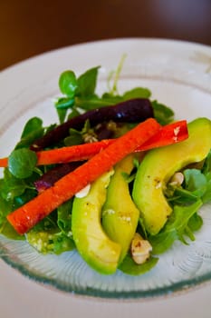 Fresh and vibrant salad with baby spinach, avocado, and carrots served on a decorative plate. Perfect for a healthy and delicious lunch or dinner.