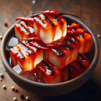 photo of Grilled transparent ice cubes on grill with spicy souce on brush . blurred street crowd on background Macro lens
