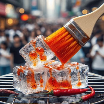 photo of Grilled transparent ice cubes on grill with spicy souce on brush . blurred street crowd on background Macro lens