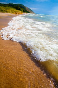 Experience the serenity of a secluded beach along Michigan's stunning coastline. Feel the gentle breeze as frothy waves break onto golden sands, framed by a lush green hillside. Perfect for travel and nature enthusiasts seeking tranquility.