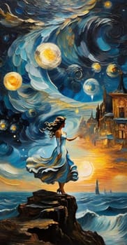 Dreamlike scene blending the swirling impressionist sky, europa village on the background, a carved fantastical female voluptous creature in elegant gala party dress, curly hairstyle, ai art generated