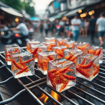 photo of Grilled transparent ice cubes on grill with spicy souce on brush . blurred street crowd on background Macro lens