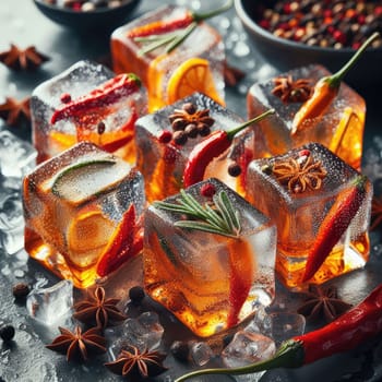 photo of Grilled transparent ice cubes on grill with spicy souce on brush . blurred street crowd on background Macro lens