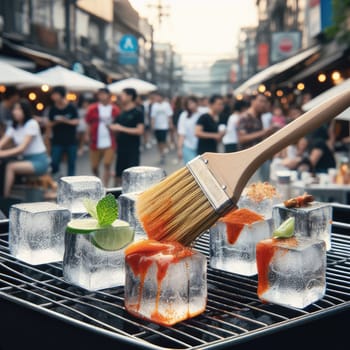 photo of Grilled transparent ice cubes on grill with spicy souce on brush . blurred street crowd on background Macro lens