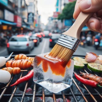 photo of Grilled transparent ice cubes on grill with spicy souce on brush . blurred street crowd on background Macro lens