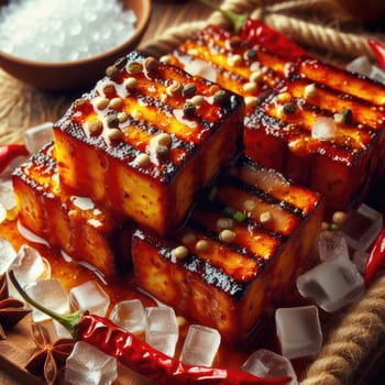 photo of Grilled transparent ice cubes on grill with spicy souce on brush . blurred street crowd on background Macro lens