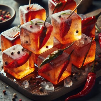 photo of Grilled transparent ice cubes on grill with spicy souce on brush . blurred street crowd on background Macro lens