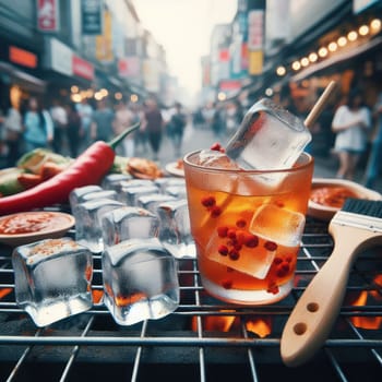 photo of Grilled transparent ice cubes on grill with spicy souce on brush . blurred street crowd on background Macro lens