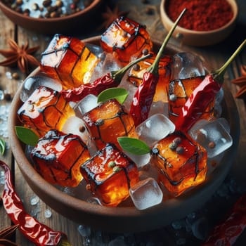 photo of Grilled transparent ice cubes on grill with spicy souce on brush . blurred street crowd on background Macro lens