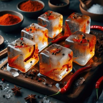 photo of Grilled transparent ice cubes on grill with spicy souce on brush . blurred street crowd on background Macro lens