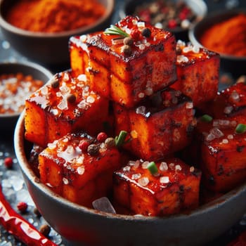 photo of Grilled transparent ice cubes on grill with spicy souce on brush . blurred street crowd on background Macro lens