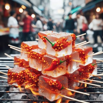 photo of Grilled transparent ice cubes on grill with spicy souce on brush . blurred street crowd on background Macro lens