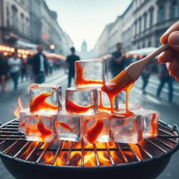 photo of Grilled transparent ice cubes on grill with spicy souce on brush . blurred street crowd on background Macro lens