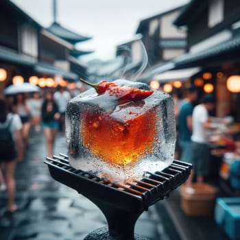 photo of Grilled transparent ice cubes on grill with spicy souce on brush . blurred street crowd on background Macro lens