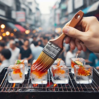 photo of Grilled transparent ice cubes on grill with spicy souce on brush . blurred street crowd on background Macro lens