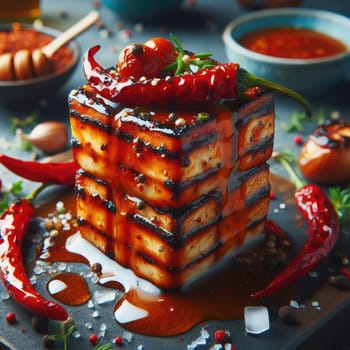 photo of Grilled transparent ice cubes on grill with spicy souce on brush . blurred street crowd on background Macro lens