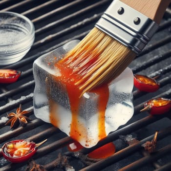 photo of Grilled transparent ice cubes on grill with spicy souce on brush . blurred street crowd on background Macro lens