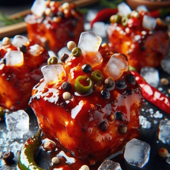 photo of Grilled transparent ice cubes on grill with spicy souce on brush . blurred street crowd on background Macro lens