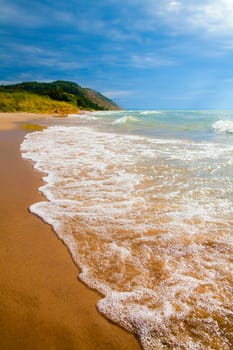 Tranquil coastal paradise: A serene beach scene with frothy waves caressing golden sand, lush green hillsides, and a clear blue sky. Perfect for a peaceful beach getaway or showcasing untouched natural beauty.