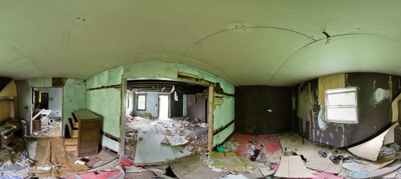Decaying beauty of an abandoned Huntington House in Indiana captured in a captivating panorama. Explore the forgotten rooms, peeling paint, and scattered debris, conveying a haunting sense of lost memories and the passage of time.