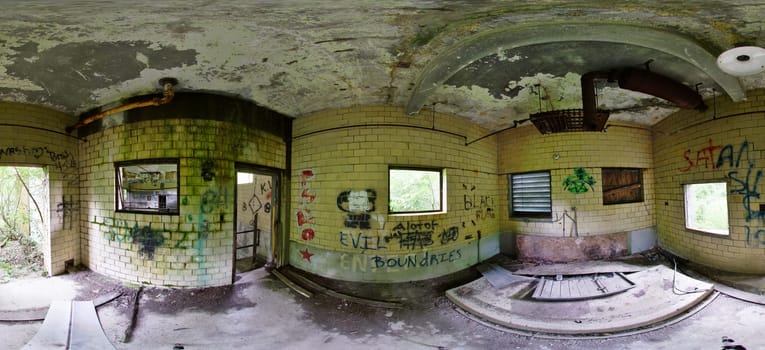 Exploring the Forgotten: A panoramic view of an abandoned Lima, Ohio TB Hospital. The derelict interior showcases urban decay, with graffiti-covered walls revealing a history of visitation. This captivating image captures the passage of time.