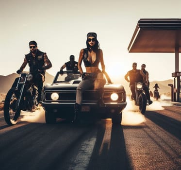 gang of pinup girl and plus size retro vandals in steampunk hot rods and tuned bikes burning rubber, wearing jeans and leather, gas station , desert road, comics illustration, mad max ai generated