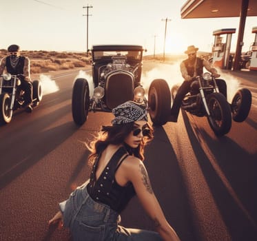 gang of pinup girl and plus size retro vandals in steampunk hot rods and tuned bikes burning rubber, wearing jeans and leather, gas station , desert road, comics illustration, mad max ai generated