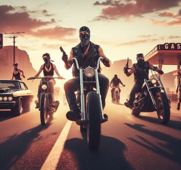 a gang of pinup girl and retro hipster vandals in steampunk hot rods and tuned bikes burning rubber, wearing jeans and leather in a gas station on a desert road ai generated