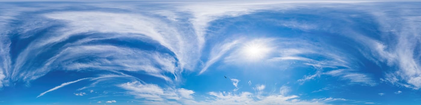 Sky panorama with Cirrus clouds in Seamless spherical equirectangular format. Full zenith for use in 3D graphics, game and editing aerial drone 360 degree panoramas for sky replacement