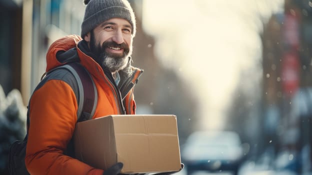 Smiling delivery man holding parcel box looking at camera blurred Winter street background. Christmas holidays delivery.