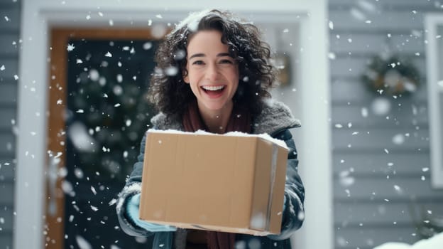 Smiling woman holding parcel box next to front door house entrance. Christmas holidays delivery. Black Friday Online shopping