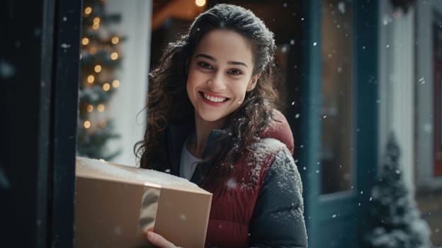 Smiling woman holding parcel box next to front door house entrance. Christmas holidays delivery. Black Friday Online shopping