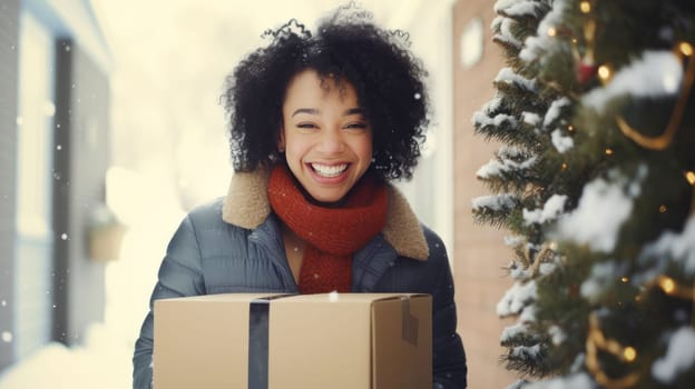 Smiling woman holding parcel box next to front door house entrance. Christmas holidays delivery. Black Friday Online shopping