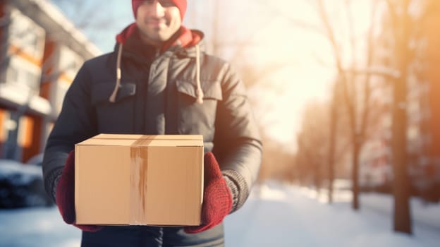 Smiling delivery man holding parcel box looking at camera blurred Winter street background. Christmas holidays delivery.