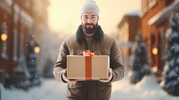 Smiling delivery man holding parcel box looking at camera blurred Winter street background. Christmas holidays delivery.