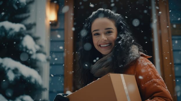 Smiling woman holding parcel box next to front door house entrance. Christmas holidays delivery. Black Friday Online shopping